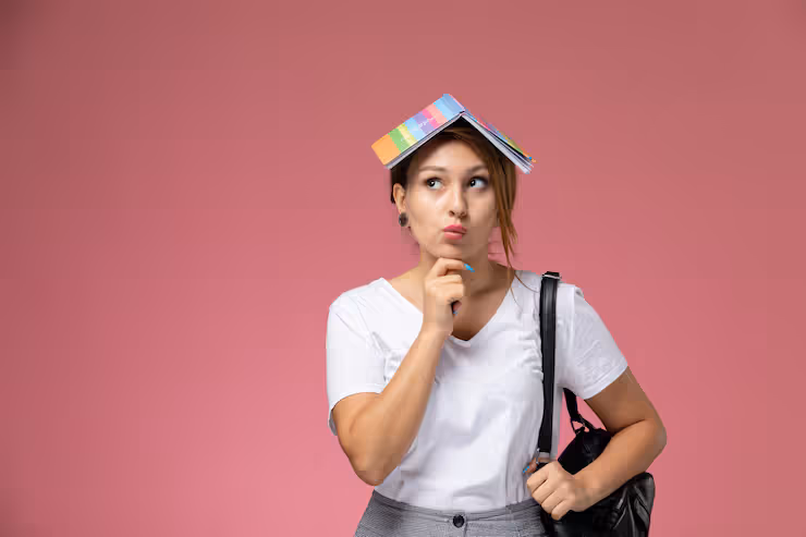 front-view-young-female-student-white-t-shirt-grey-trousers-with-copybook-her-head-thinking-expression-pink-desk-lessons-university-college_140725-35029.avif